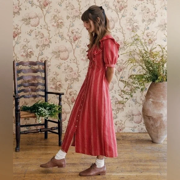 Christy Dawn The Darcy Dress Size XS in Hibiscus Zinnia Stripe Red Ruffle Cotton - Picture 2 of 8